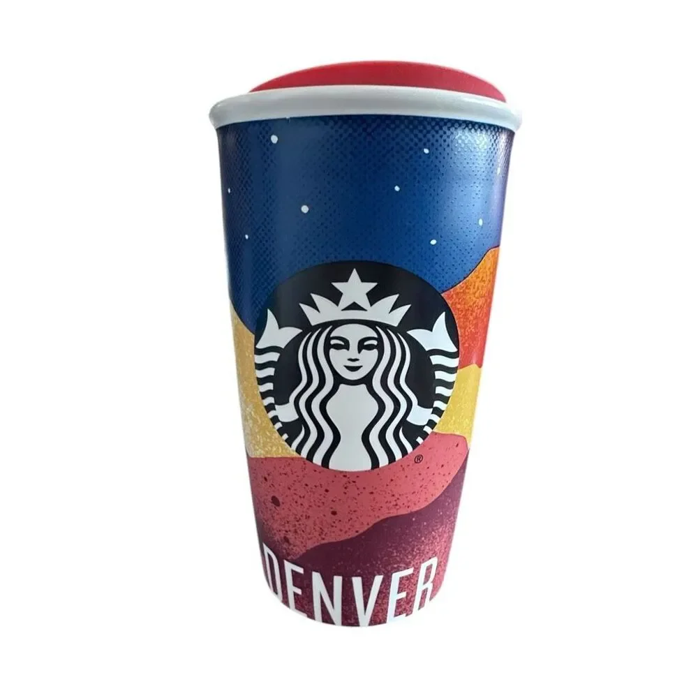 NWOT Starbucks 2016 Rare “Denver” Night Sky Ceramic Orange & Blue Tumbler -12 oz